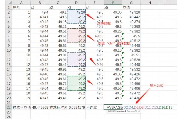 Excel 控制图数据表中用 AVERAGE 函数分段计算样本均值