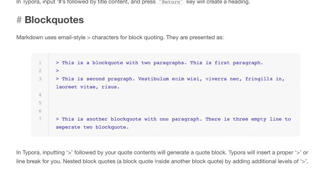 Typora Markdown Reference 的 Blockquotes 章节显示引用块说明，对应确认引用块入口。