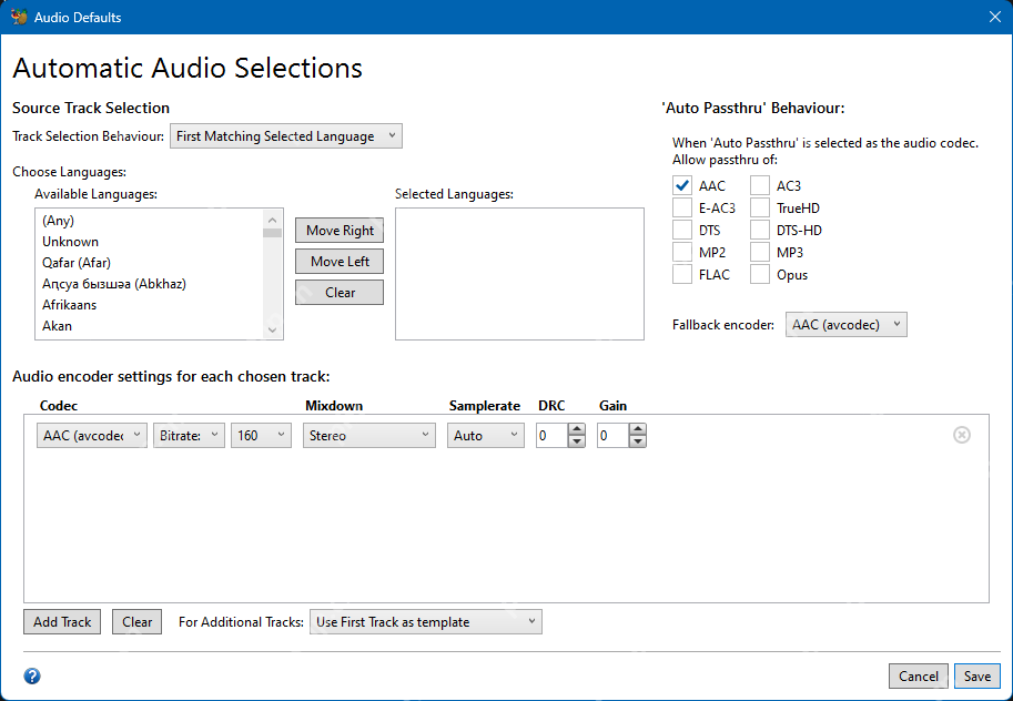 HandBrake Windows 桌面端界面,展示音频设置与本步骤涉及的控件