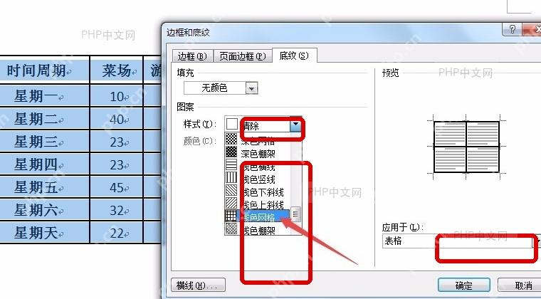 Word底纹页中的样式列表和应用于下拉框,服务于选择填充样式并应用这一步