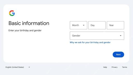 Google 账号基础信息填写页面