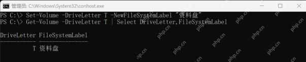 PowerShell 设置演示卷 T 的新卷标为资料盘并查询成功