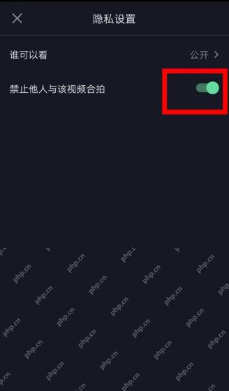 抖音隐私设置页面显示禁止他人与该视频合拍开关已开启，红框标出结果状态