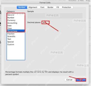 Excel 设置单元格格式窗口中选择百分比并调整小数位数的步骤图