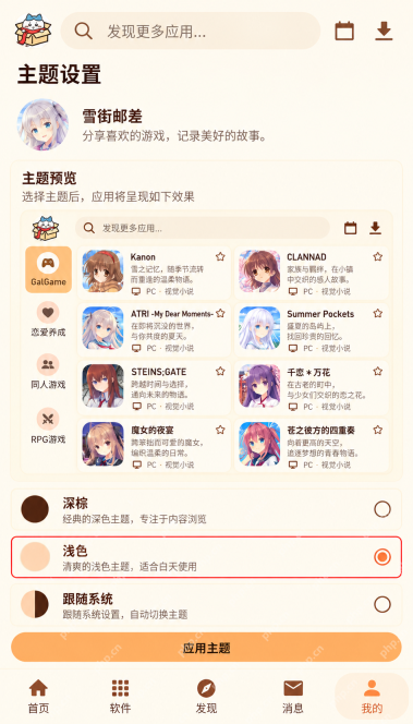 喵盒社区游戏资源界面：如何切换适合浏览游戏封面的主题？