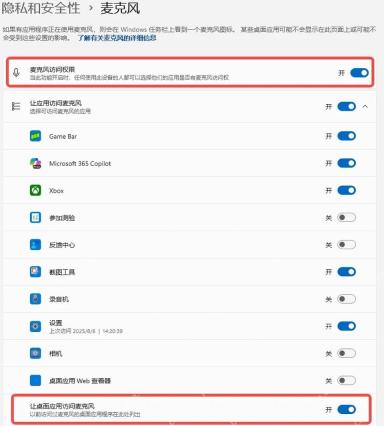 Win11 麦克风权限页管理应用访问开关