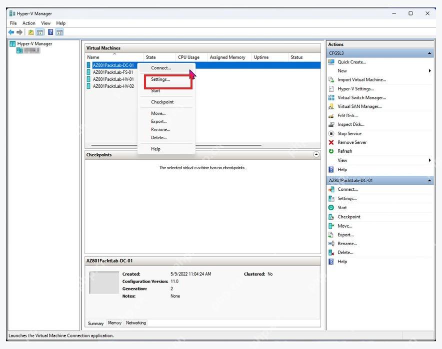 Hyper-V 管理器虚拟机右键菜单中的 Settings 设置入口