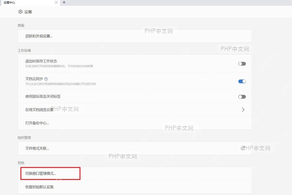 WPS 设置中心其他区域中的切换窗口管理模式入口,服务于打开窗口管理模式步骤