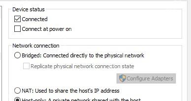 VMware Workstation Network Adapter Device status 区域显示 Connected 和 Connect at power on 复选框位置
