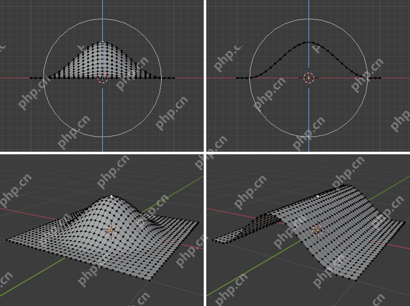 Blender 5.2 Proportional Editing 示例对比不同区域受影响前后的形状变化