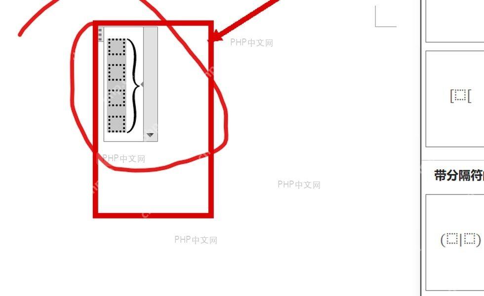Word 公式中的多行占位框和跨行大括号区域被标出