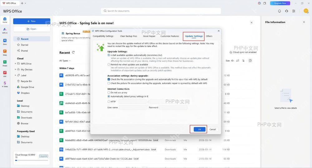 WPS Office Configuration Tools 的 Update Settings 页面，已选中自动安装可用更新并可点击 OK 保存