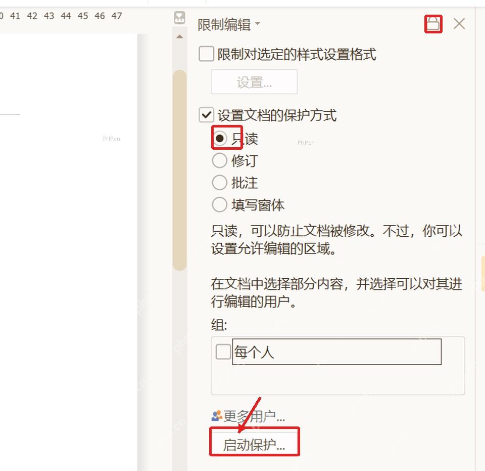 WPS文字限制编辑窗格中只读选项和启动保护按钮用于验证保护范围