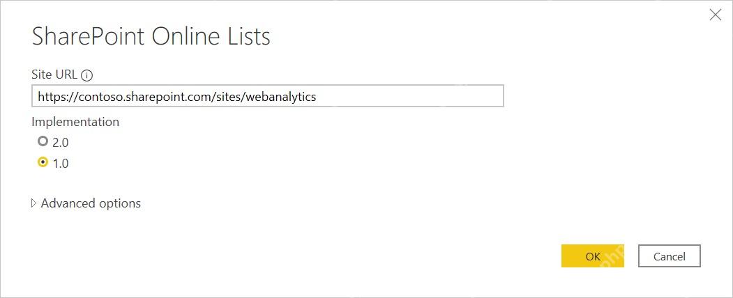 SharePoint Online Lists 连接窗口显示 Site URL 输入框和 Implementation 选项