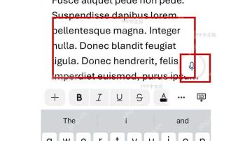 Word iPhone 文档中已插入听写文字，文本区域和麦克风气泡已标出，用于结束听写后检查语音转文字结果