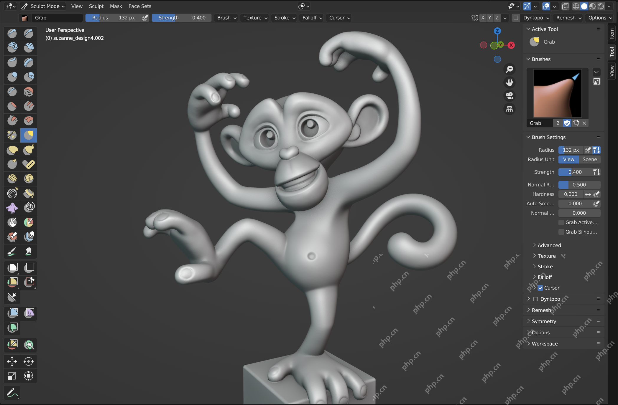 Blender 官方雕刻示例中左侧工具栏和模型表面雕刻状态清晰可见