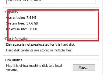 VMware Workstation Hard Disk Disk information 区域显示当前容量和磁盘文件状态