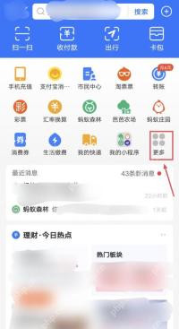 支付宝首页应用服务区右侧的更多入口,调整首页卡片顺序前先从这里进入