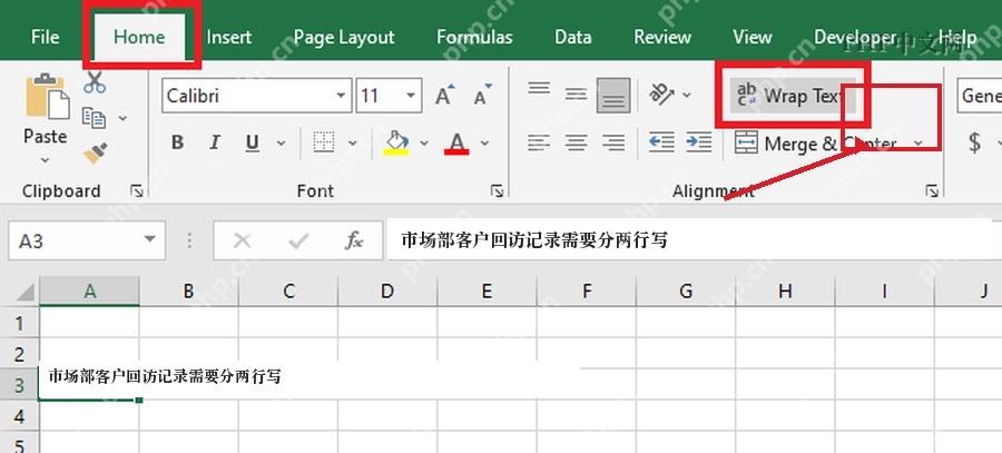 Excel 开始选项卡中的自动换行按钮用于显示单元格内多行文字