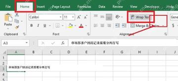 Excel 开始选项卡中的自动换行按钮用于显示单元格内多行文字