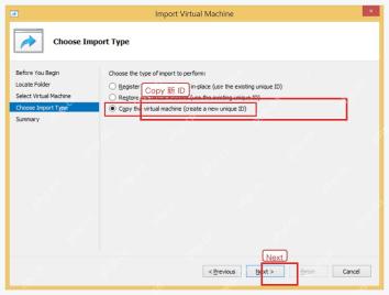 Hyper-V Import Virtual Machine 向导选择 Copy the virtual machine 创建新唯一 ID