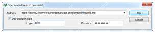 IDM Add URL 弹窗显示 Address 输入框和 OK 按钮。