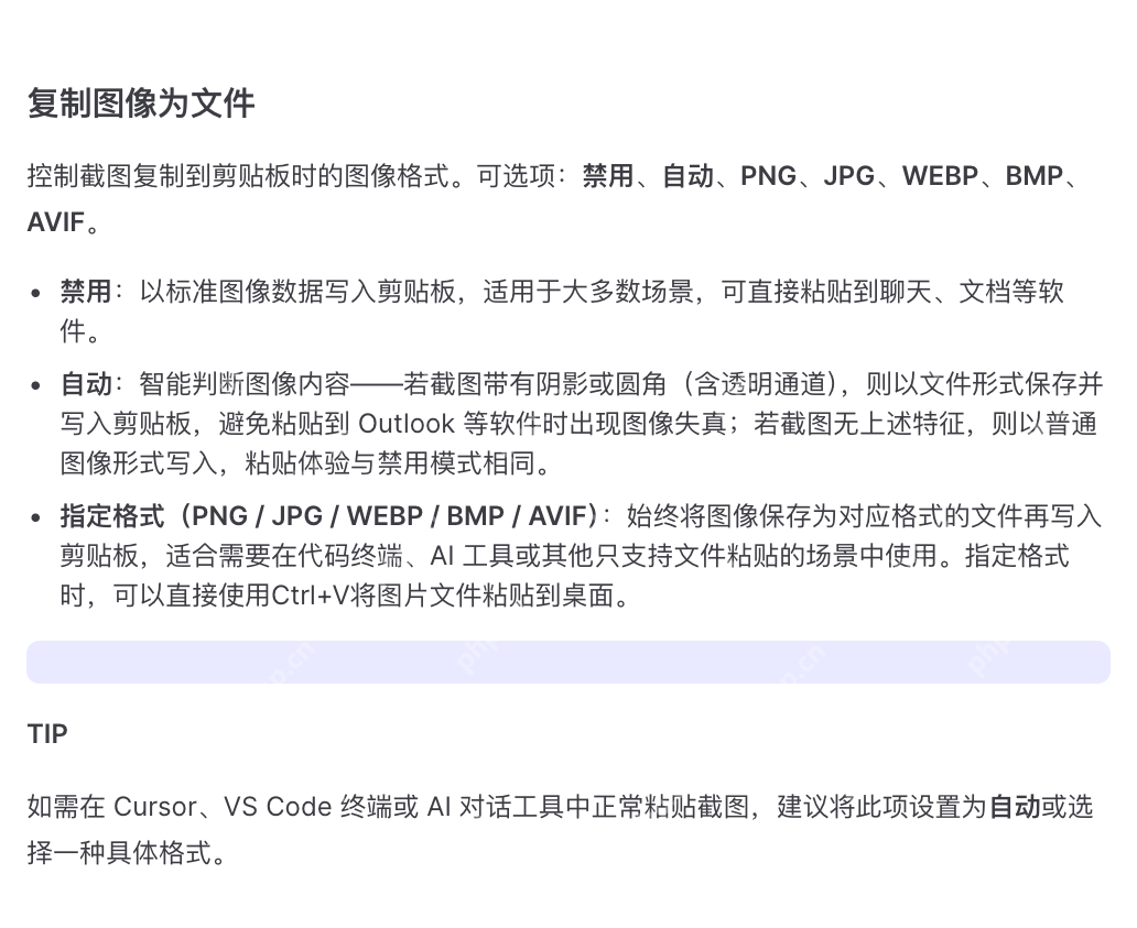 PixPin 官方系统配置页展示复制图像为文件的格式列表，证明 WebP、PNG、JPG、BMP、AVIF 都是在这个入口里统一设置