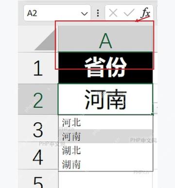 Excel 单元格中展开下拉菜单并选择省份