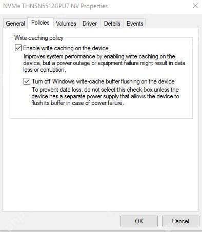 Win10 磁盘策略页显示写入缓存和关闭缓冲区刷新选项