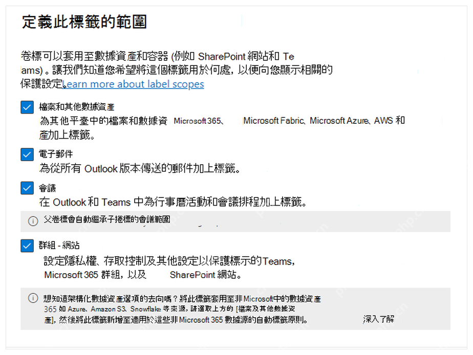 Microsoft Purview中选择敏感度标签适用范围的页面