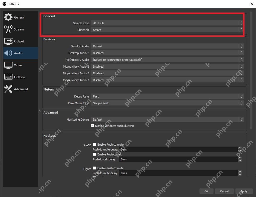 OBS Studio Settings Audio 页面显示 Sample Rate Channels 和音频设备列表