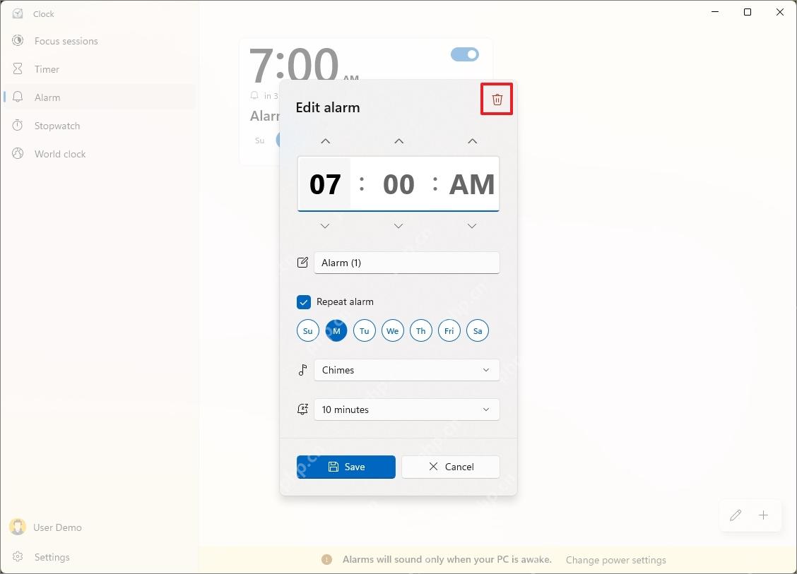 Windows 11 时钟应用编辑闹钟窗口显示删除保存和重复日期