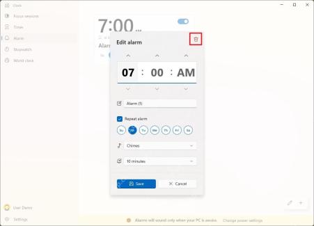 Windows 11 时钟应用编辑闹钟窗口显示删除保存和重复日期