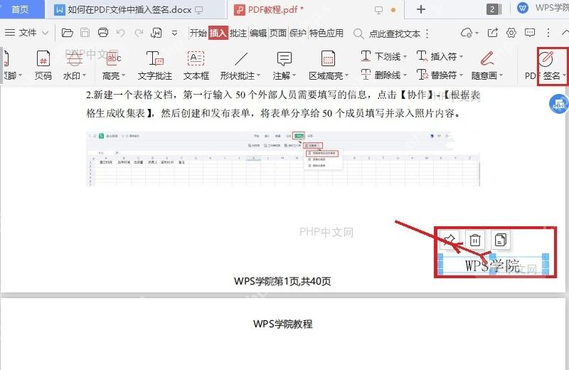 WPS PDF 页面中签名对象被选中并显示控制点