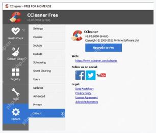 CCleaner Windows 电脑端 Options About 页面中的 CCleaner Free 版本信息