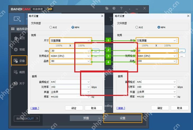Bandicam 画质设置示例高亮原始大小60FPS和质量值100
