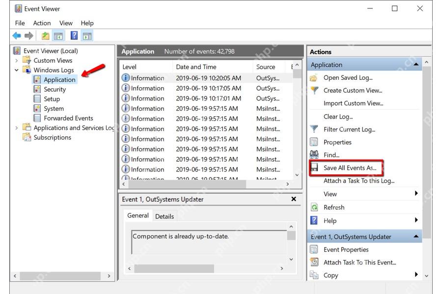 Win10 事件查看器右侧操作栏高亮 Save All Events As 保存所有事件