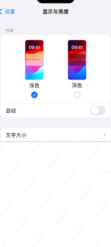 iPhone 设置中的显示与亮度页面,上方外观区域提供浅色、深色和自动开关