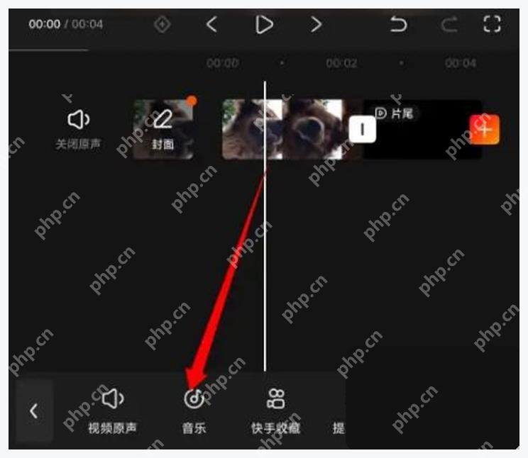 快影音频页音乐入口被红箭头标出,证明进入音乐素材列表