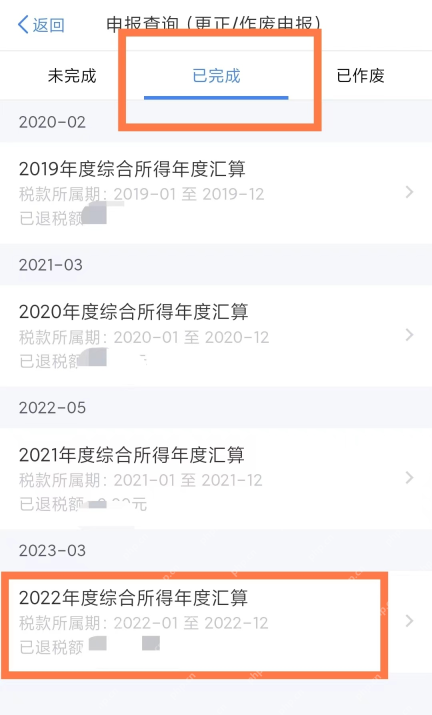 个人所得税App真实操作界面截图：个人所得税App已完成申报记录列表