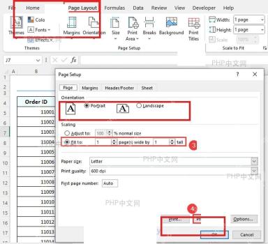 Excel 页面布局和页面设置窗口,宽度与高度都设为 1 页,用于精确控制整张工作表打印到一页