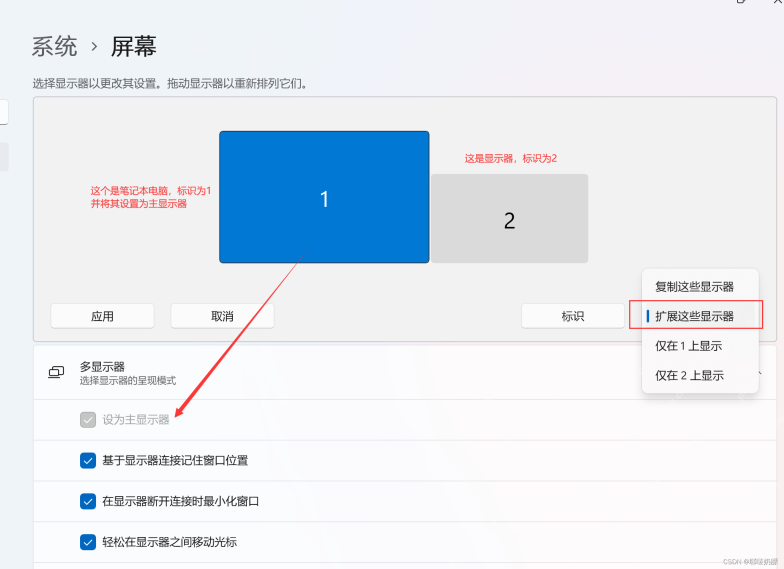 Windows 11 多显示器设置中勾选设为主显示器