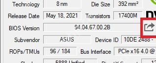 GPU-Z Graphics Card 页面显示 BIOS Version 和 UEFI 选项用于查看显卡 BIOS 版本