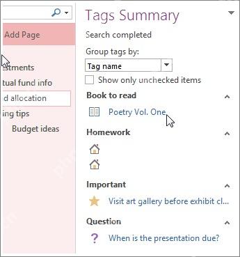 OneNote 标签摘要窗格按标签名称分组显示待读、作业、重要和问题等内容