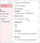 OneNote 标签摘要窗格按标签名称分组显示待读、作业、重要和问题等内容