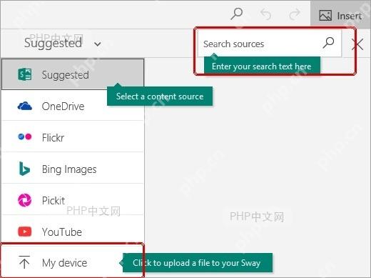Sway 视频卡片中选择视频来源并放入媒体内容