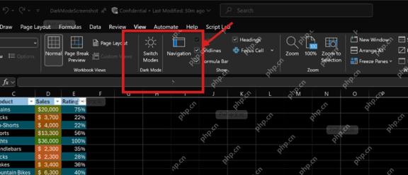 Excel 视图选项卡中的 Switch Modes 按钮,用于把工作表切到深色模式