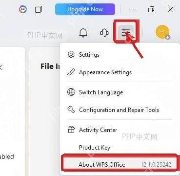 WPS右上角设置菜单中关于WPS Office入口服务于打开关于窗口步骤