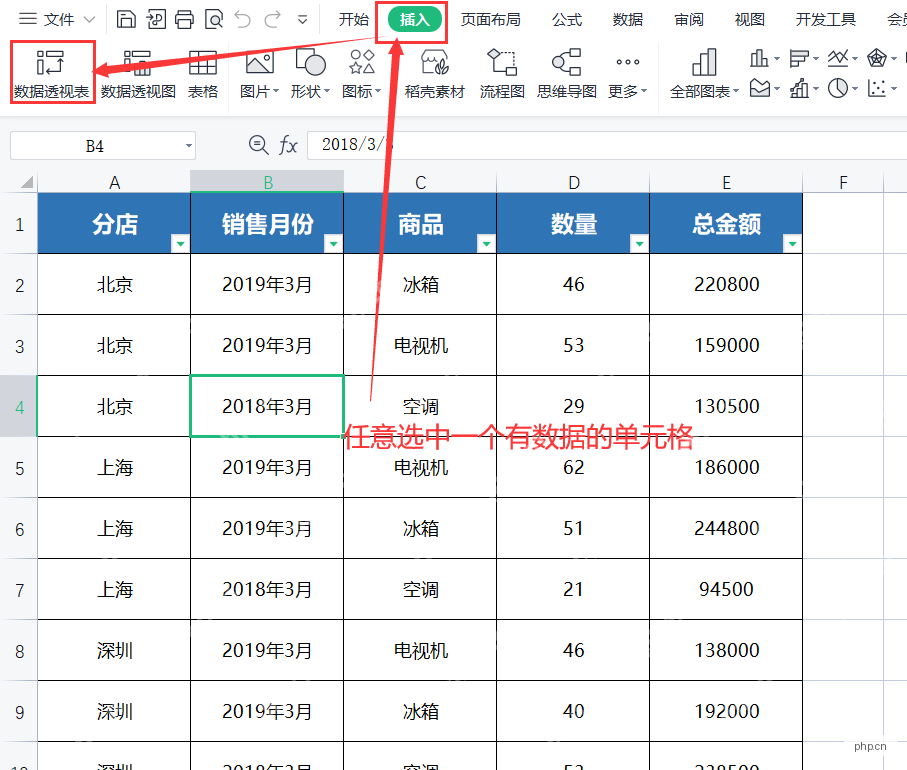 WPS表格中选中销售明细数据并进入插入数据透视表