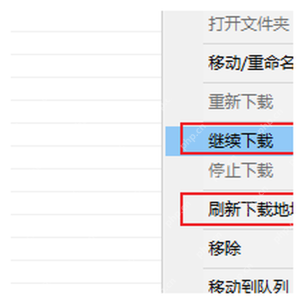 中文 IDM 下载列表右键菜单包含继续下载和刷新下载地址。